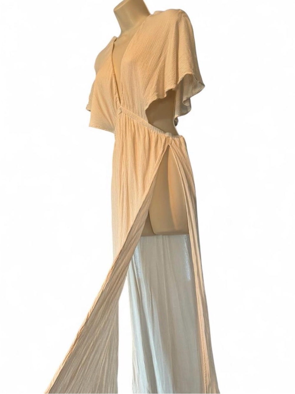 ASOS Cream Cutout Maxi Dress with Flutter Sleeves High Slit Boho Resort 8 - Picture 4 of 9
